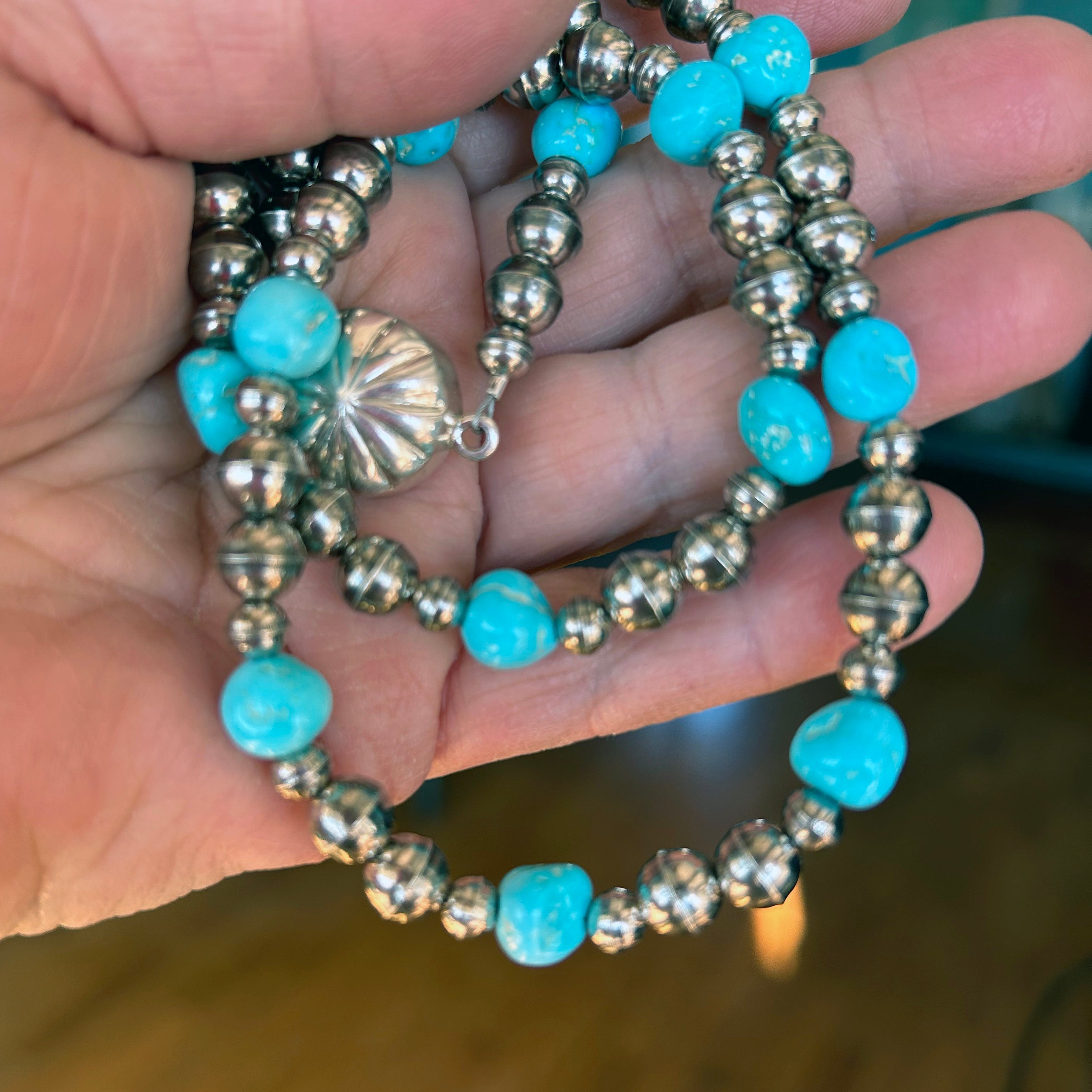 Natural Sleeping Beauty Turquoise Necklace Sterling Navajo Pearls 20"