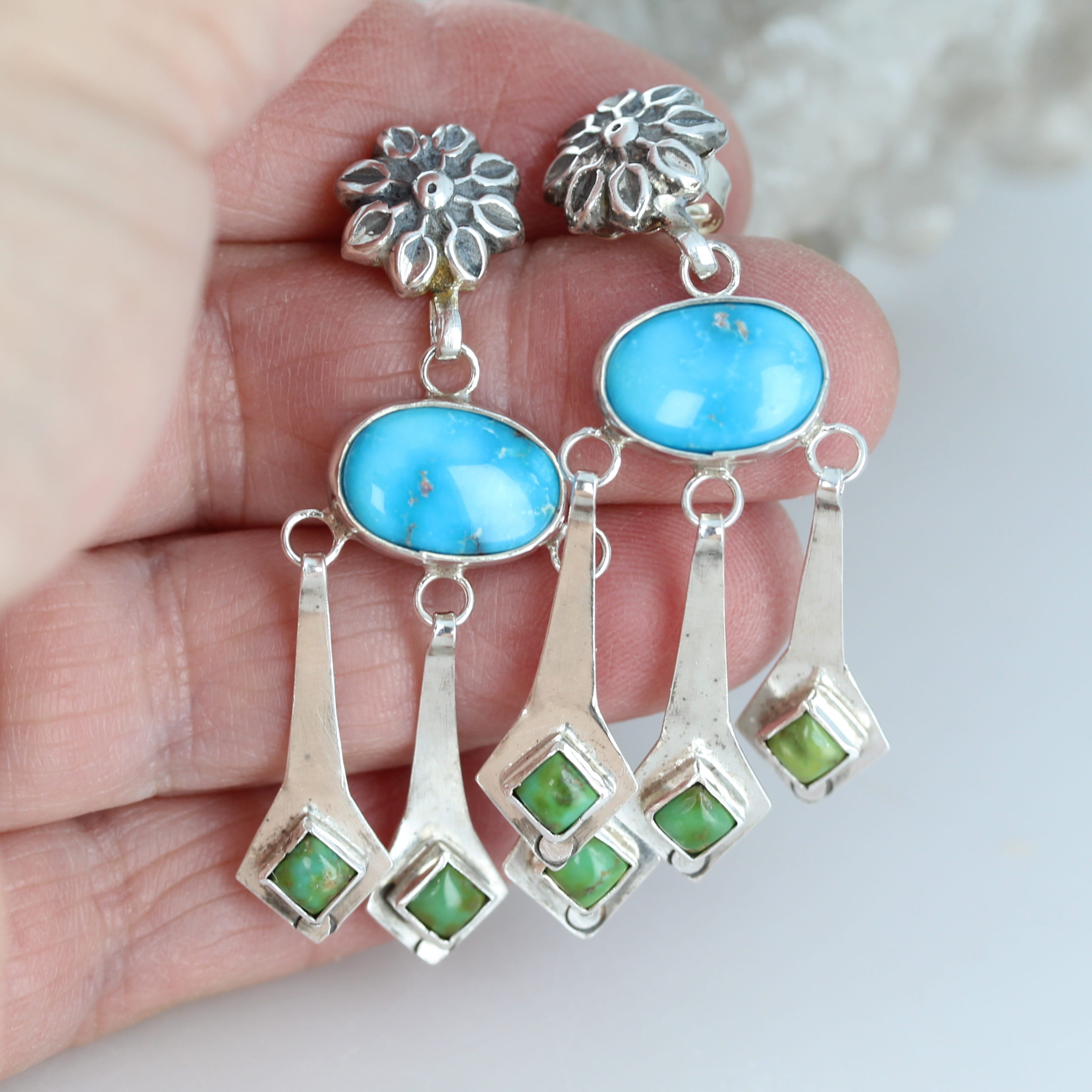 Blue Bird and Sonoran Gold Turquoise Boho Dangle Earrings Sterling