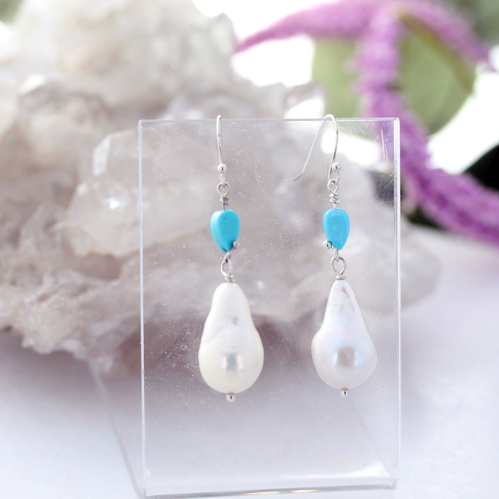 Sleeping Beauty Turquoise and Large Pearl Earrings Sterling Silver 2"