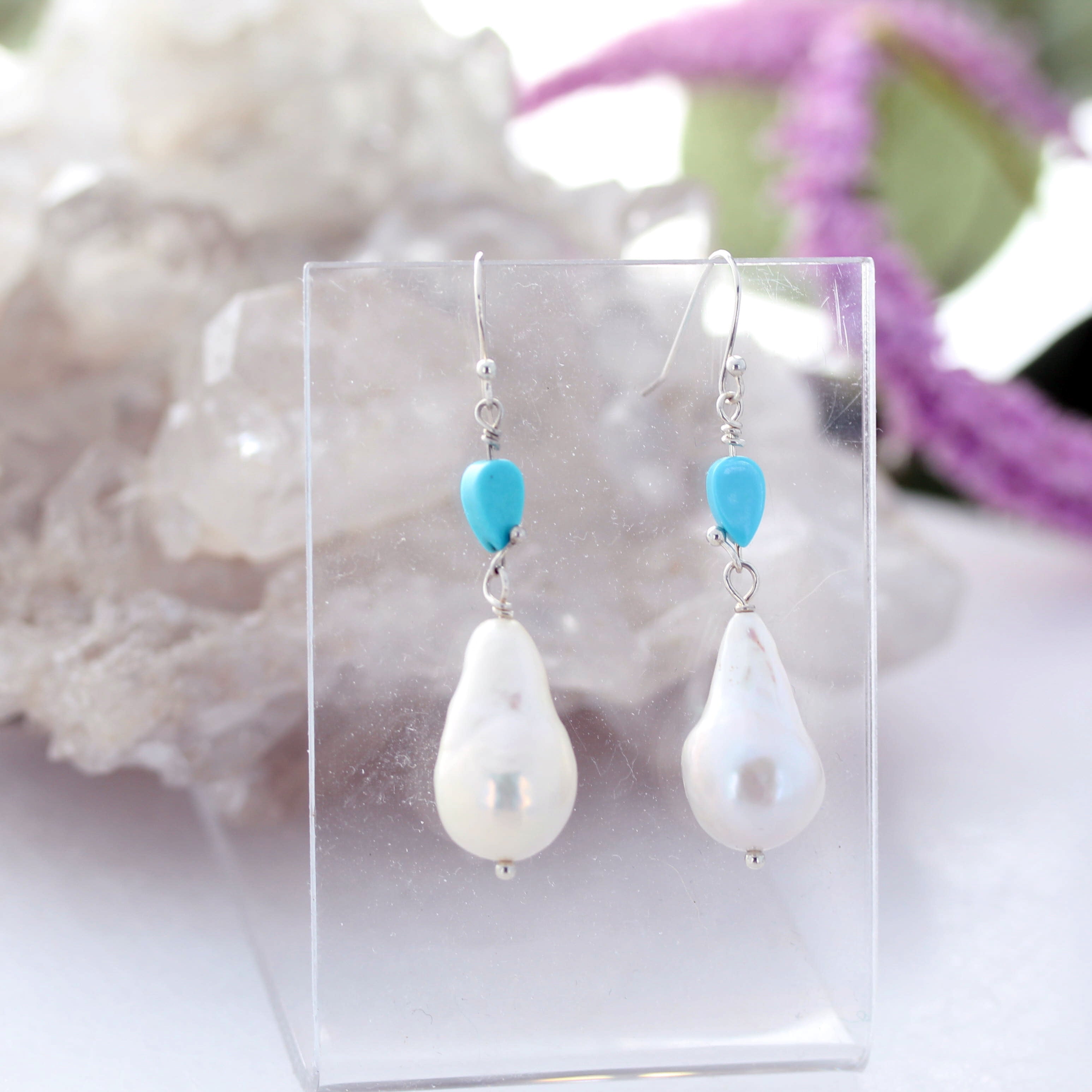 Sleeping Beauty Turquoise and Large Pearl Earrings Sterling Silver 2"