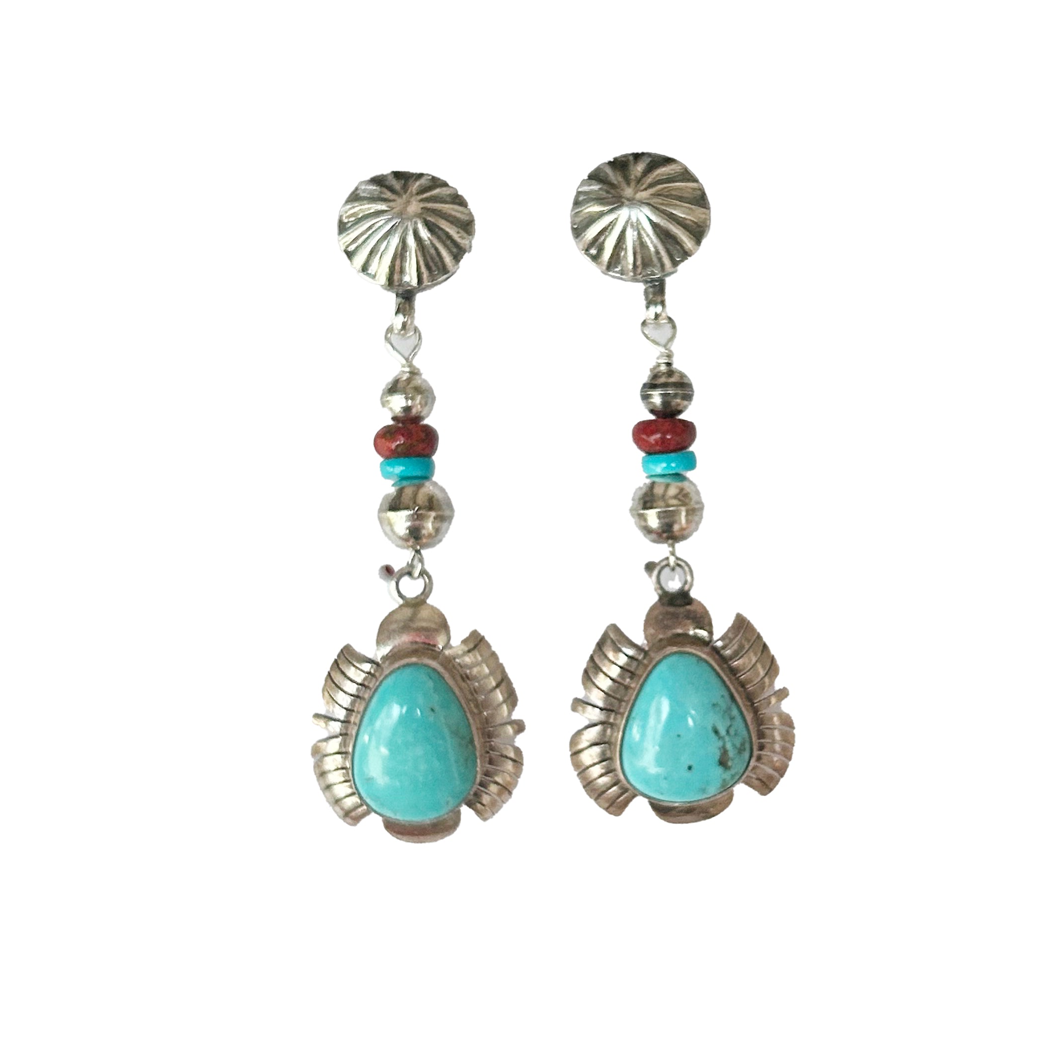 Beautiful Sky Blue Kingman Mine Turquoise and Red Cuprite Earrings Feathered