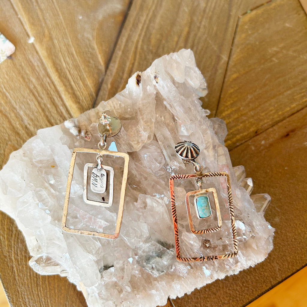 Kingman Turquoise Earrings Double Hoops Sterling Silver Rectangles