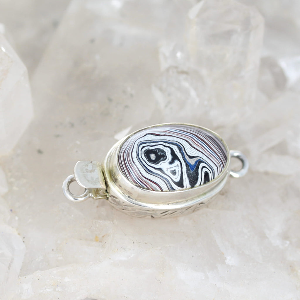 Fordite Clasp Sterling Silver Red White Black Swirls
