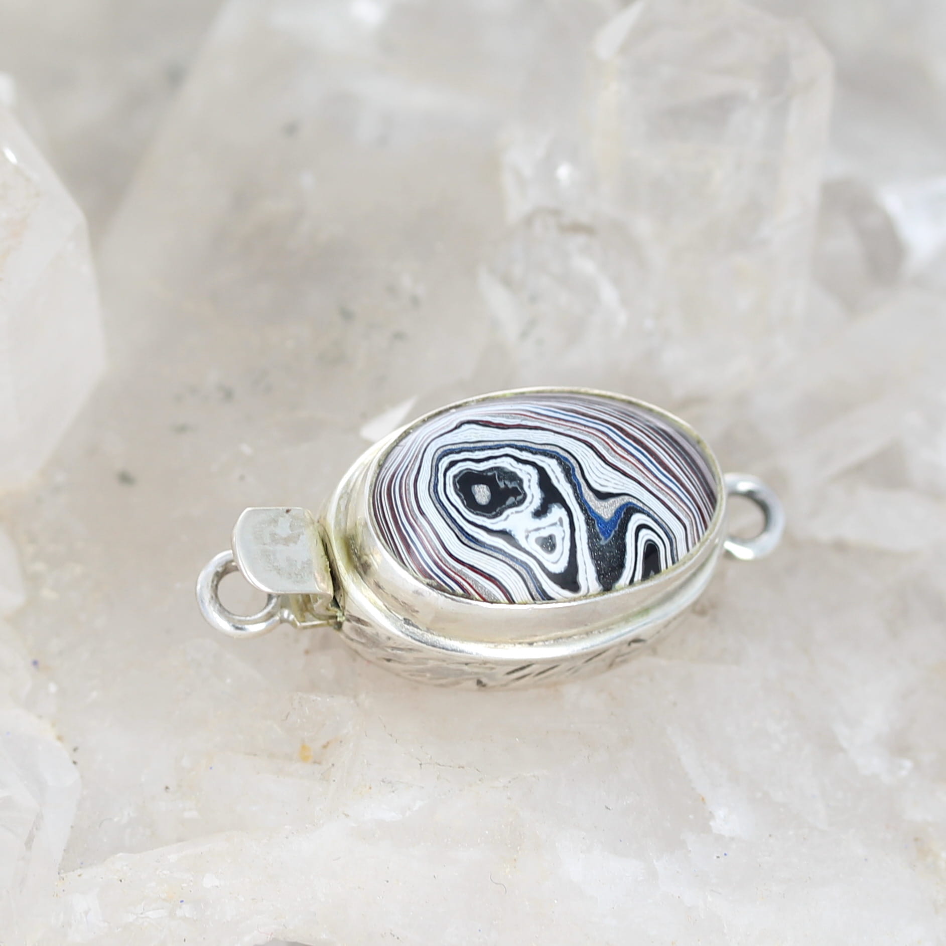 Fordite Clasp Sterling Silver Red White Black Swirls