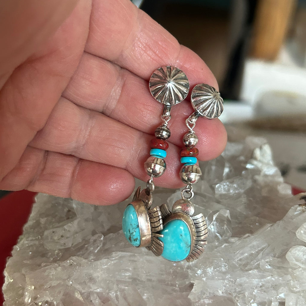 Beautiful Sky Blue Kingman Mine Turquoise and Red Cuprite Earrings Feathered