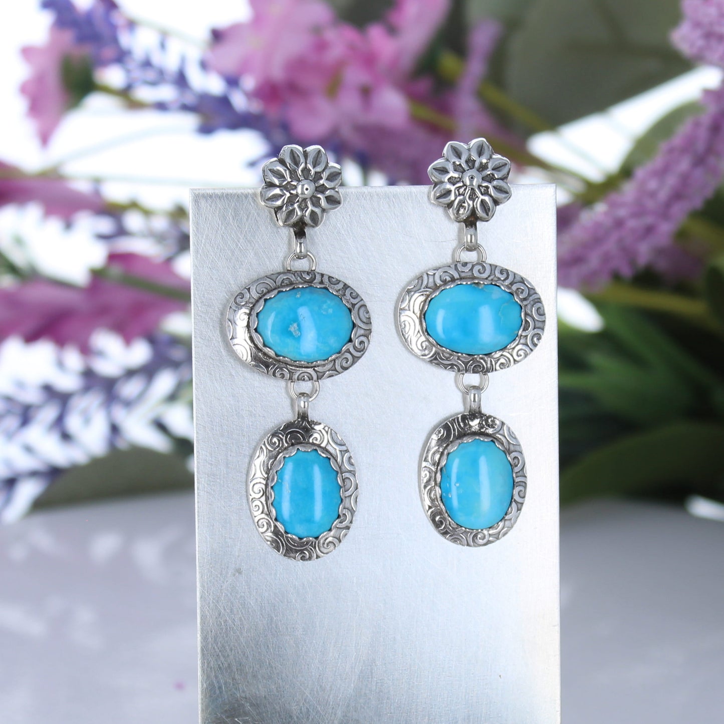Blue Ridge Turquoise Earrings 2 Stone Deep Sky Blue Spiral Design #2