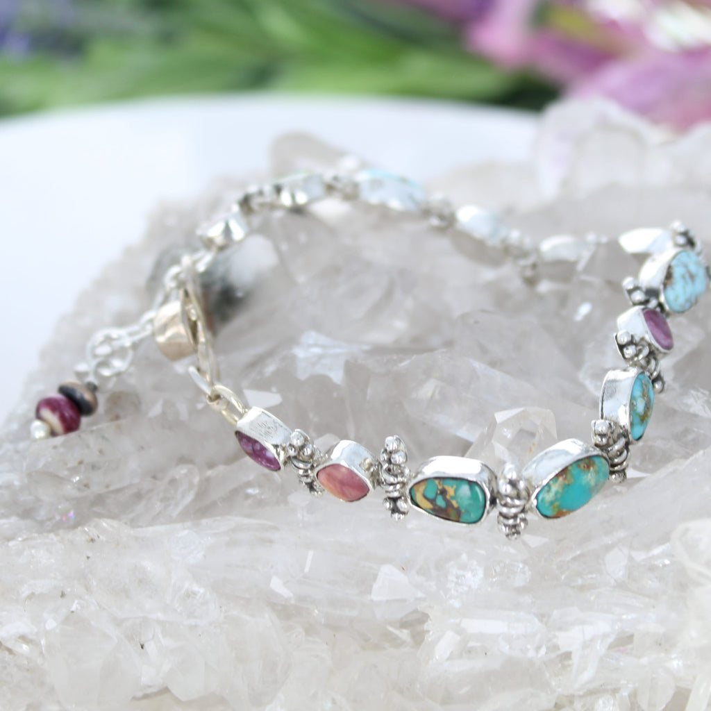 Elegant Mixed Turquoise Bracelet Sterling Silver Royston Purple Spiny Southwest