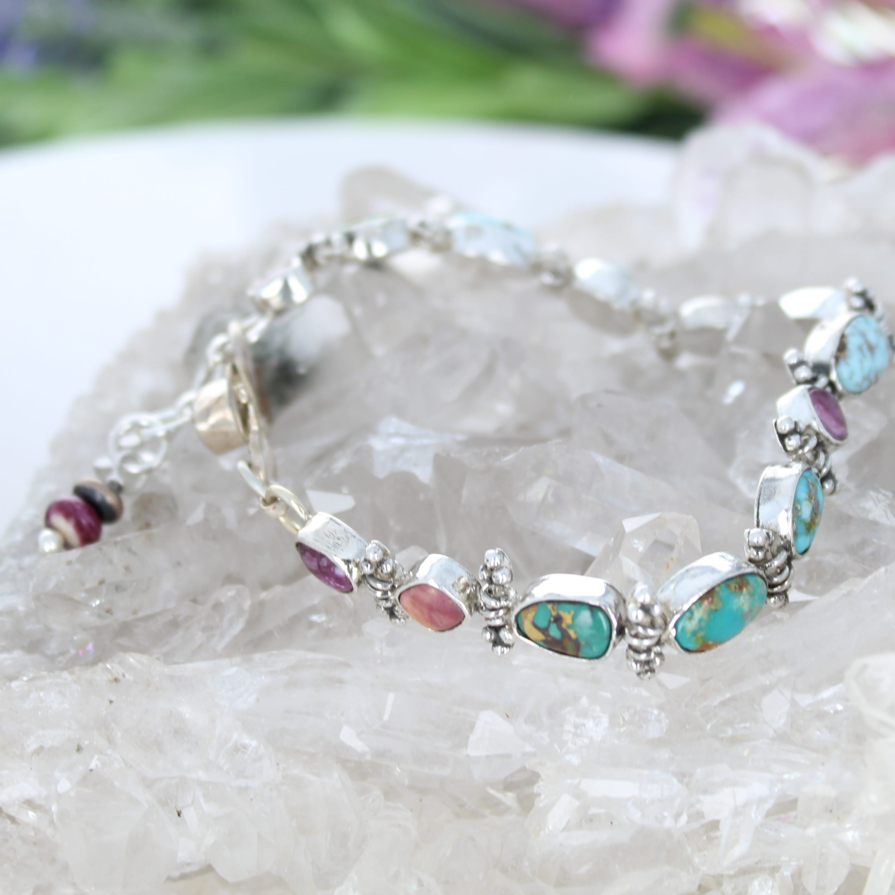 Elegant Mixed Turquoise Bracelet Sterling Silver Royston Purple Spiny Southwest