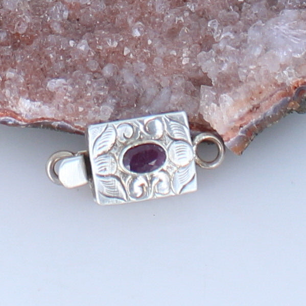 Genuine Faceted Ruby Clasp Sterling 4x6mm Etched Design -NewWorldGems