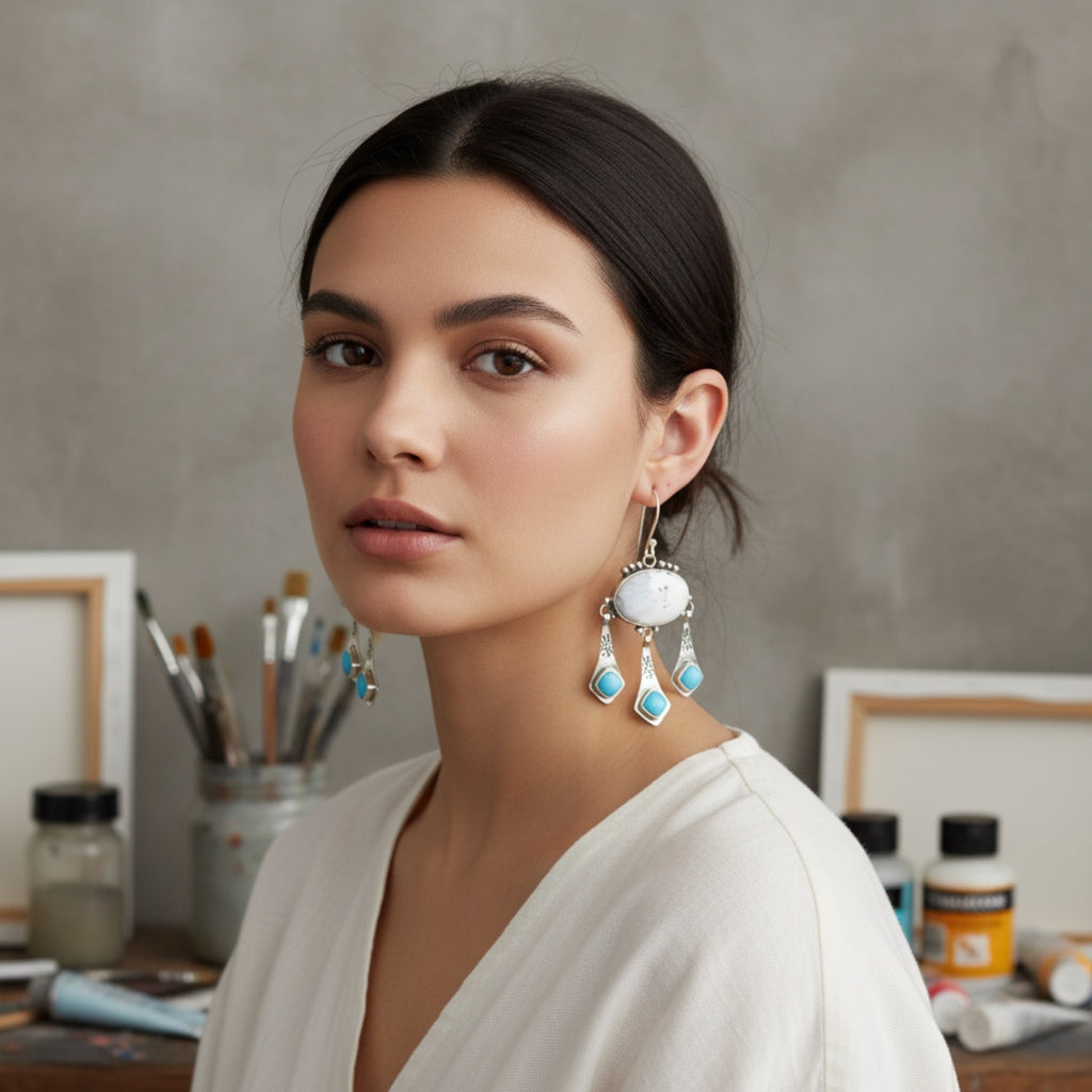 White Buffalo Turquoise with Blue Sonoran Turquoise Boho Dangle Earrings Sterling