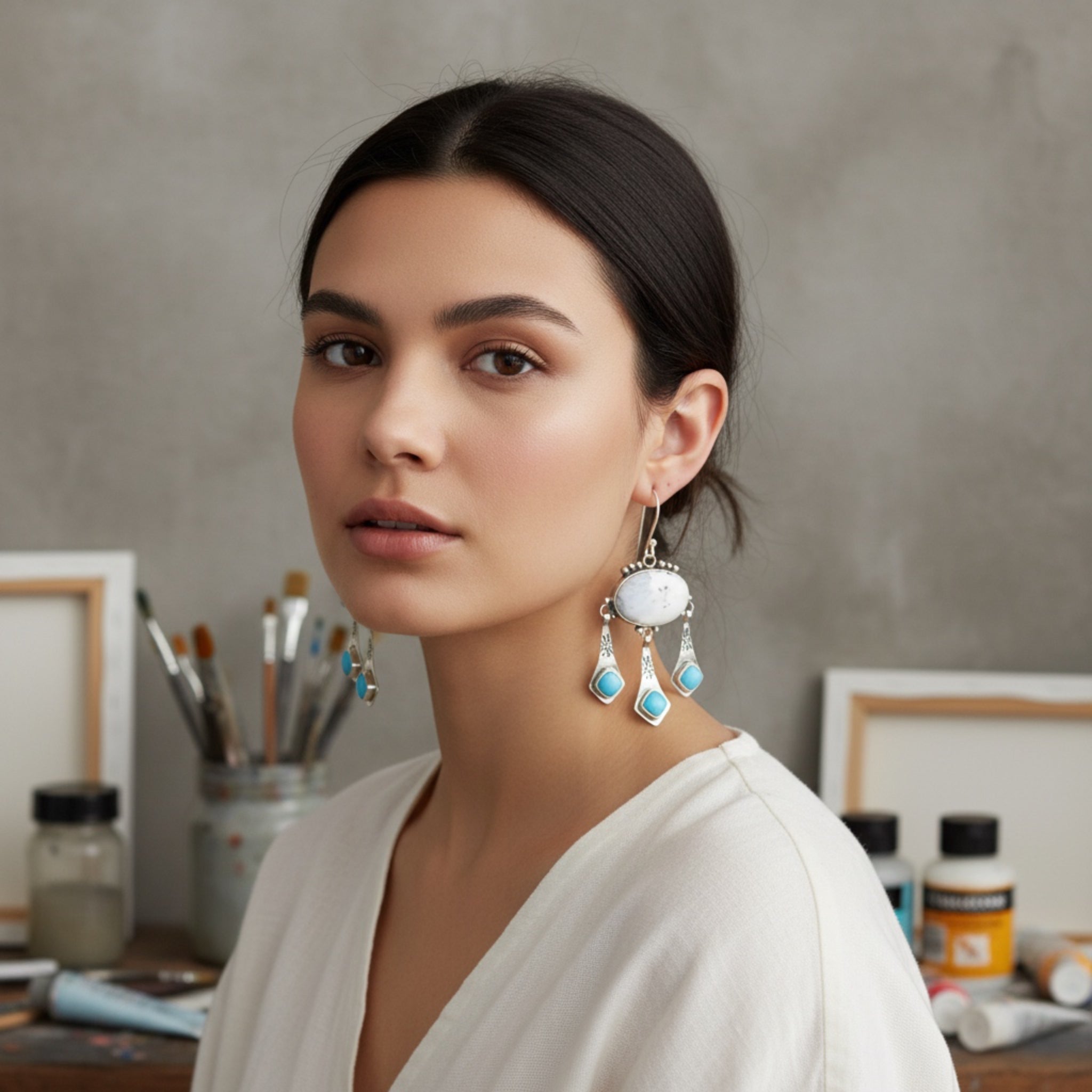 White Buffalo Turquoise with Blue Sonoran Turquoise Boho Dangle Earrings Sterling