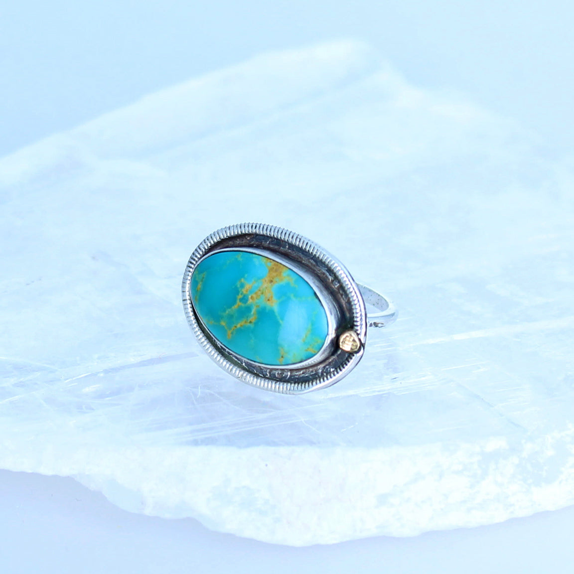 Oval Kingman Turquoise Ring 18K and Sterling Size 7