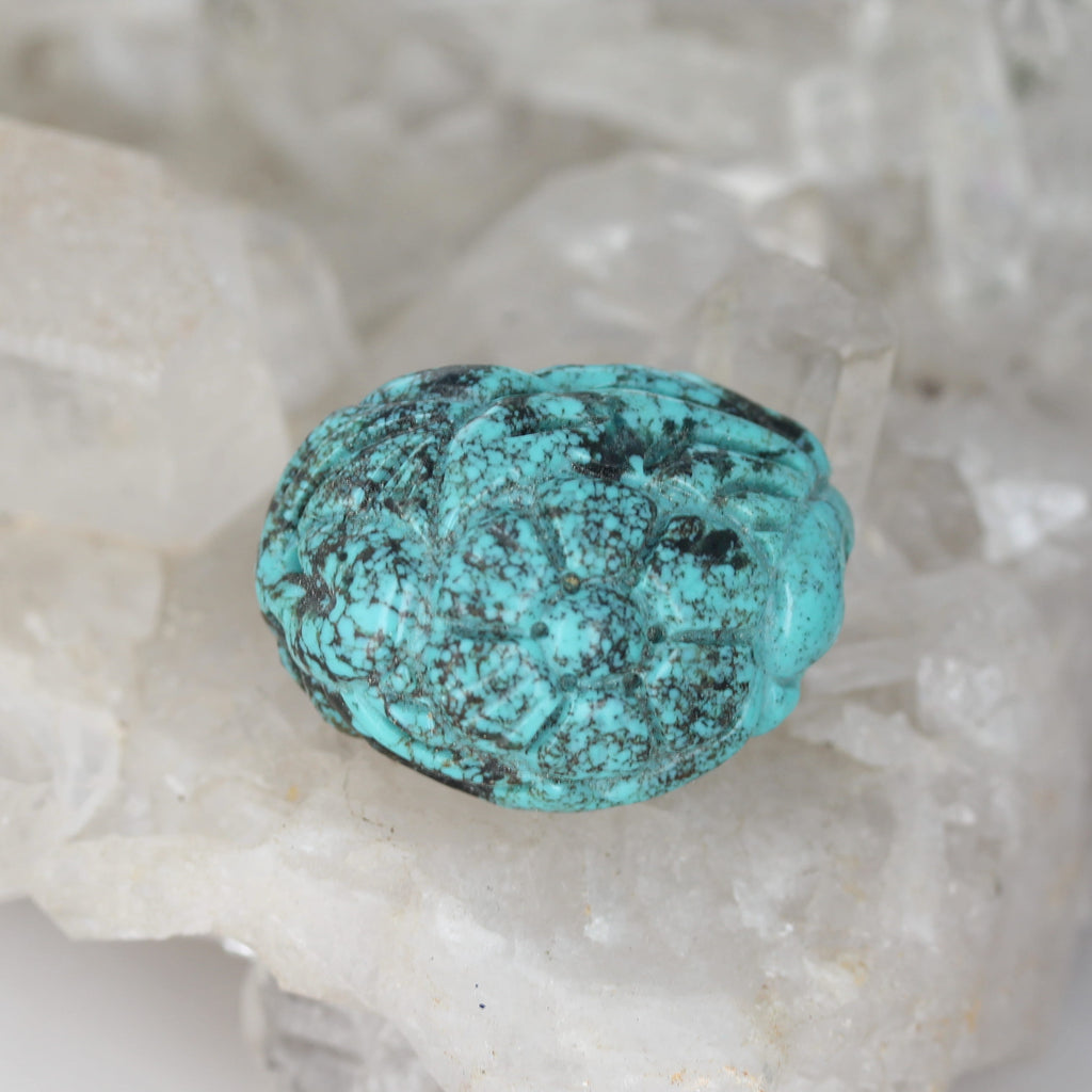 Carved Bright Blue Hubei Turquoise Bead Floral Large Centerpiece 35x25mm