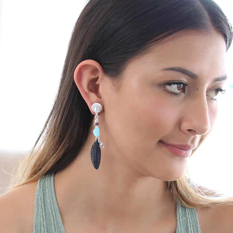 Beautiful Jet Lone Mountain Turquoise Earrings Hand Carved Feathers