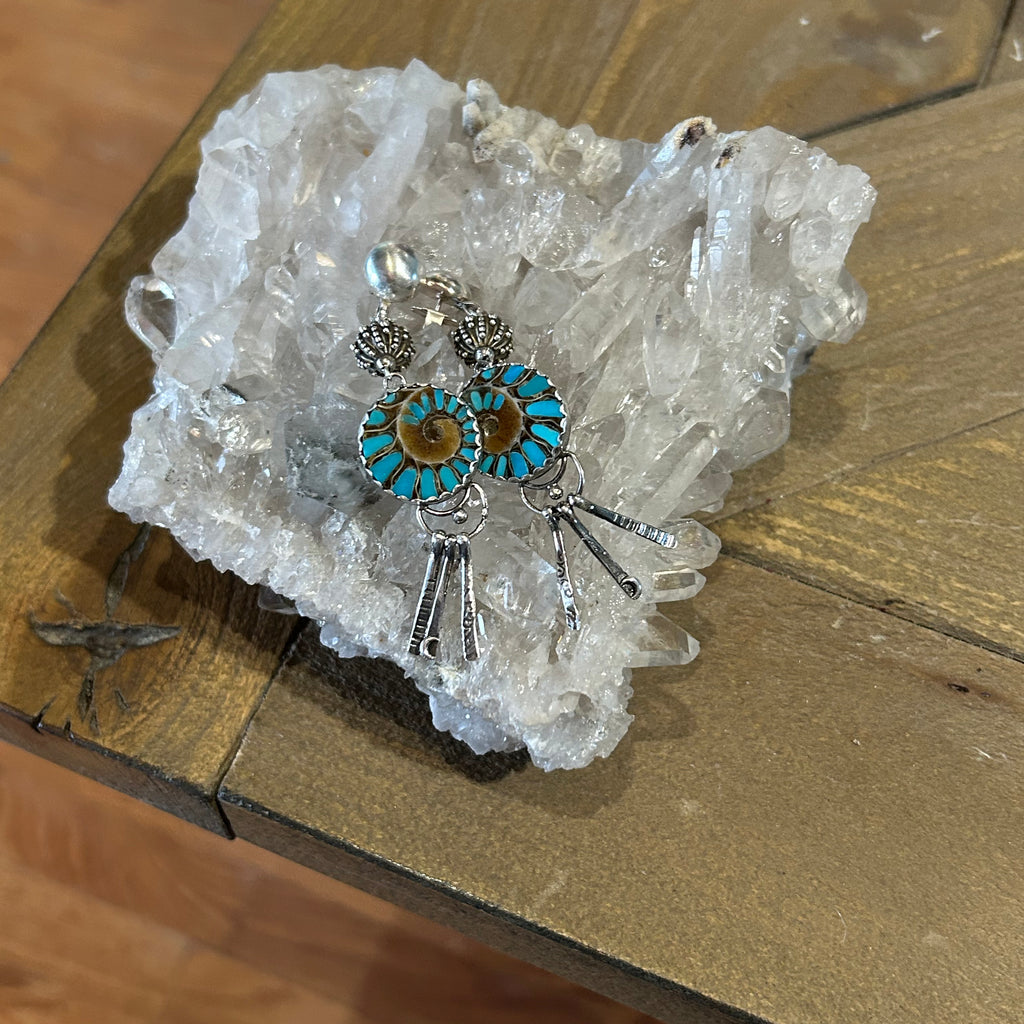 Turquoise Inlaid Fossil Ammonite Sterling Earrings 3" Artisan Made