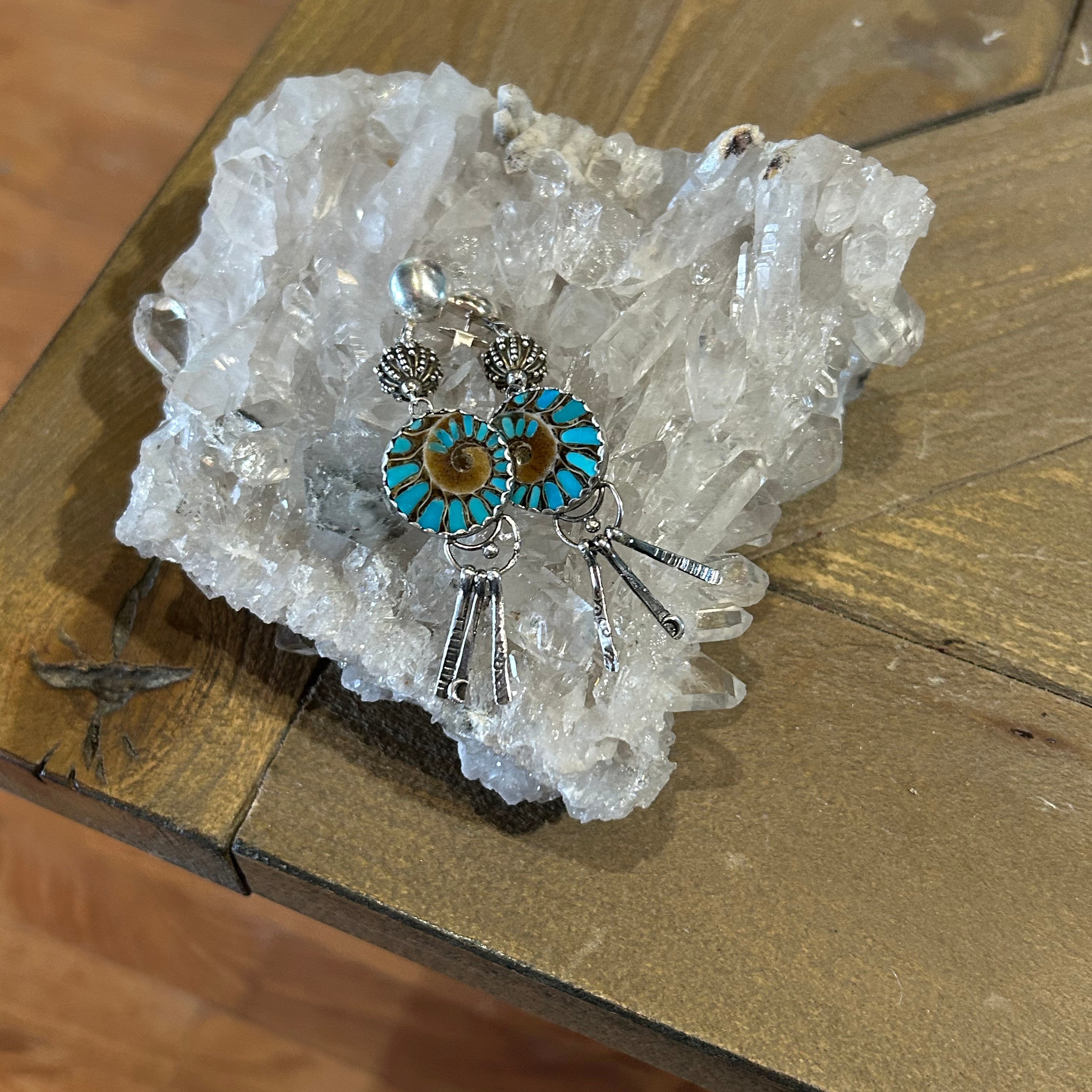 Turquoise Inlaid Fossil Ammonite Sterling Earrings 3" Artisan Made