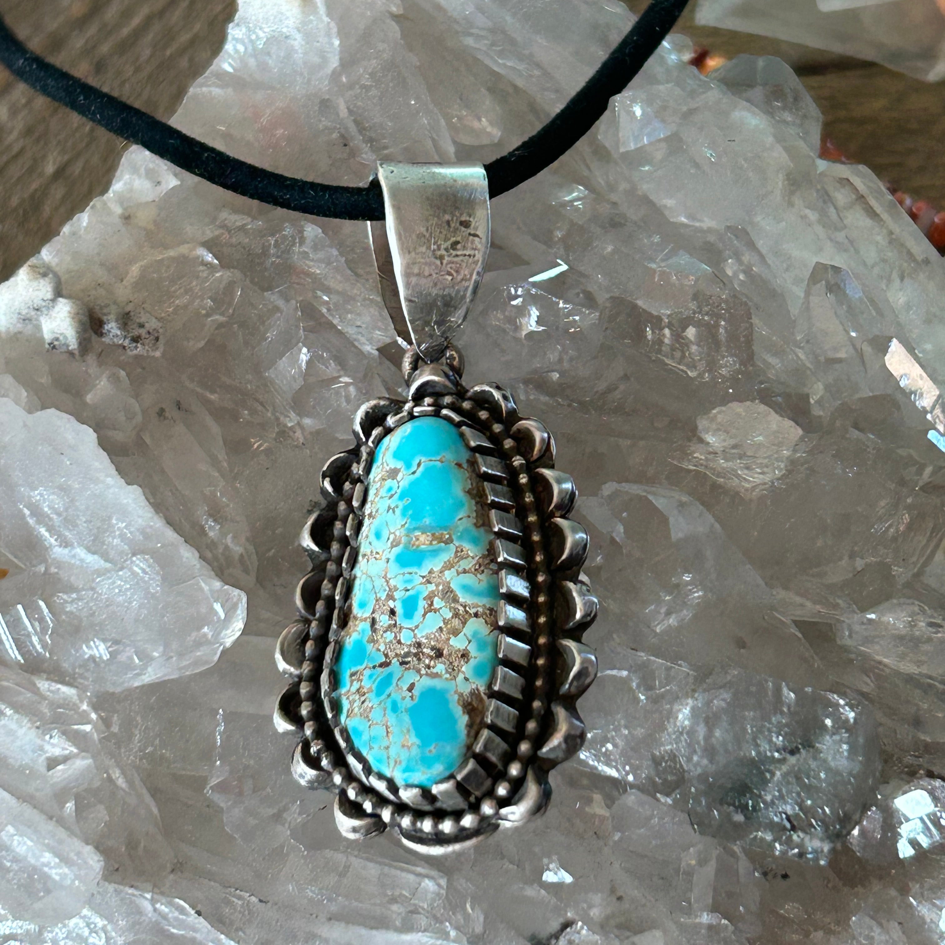 AAA Lone Mountain Turquoise Pendant Sterling Silver Moon Design Teardrop