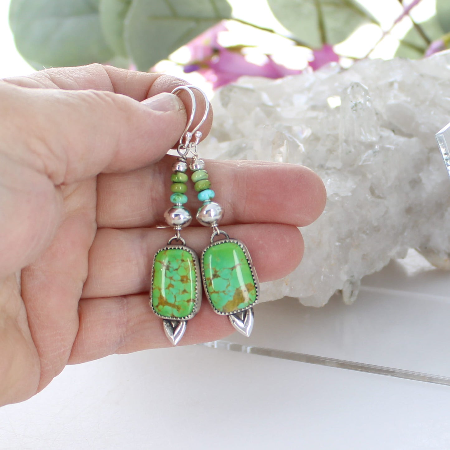 Green Sonoran Gold Turquoise Earrings Sterling Silver Cushion Shape