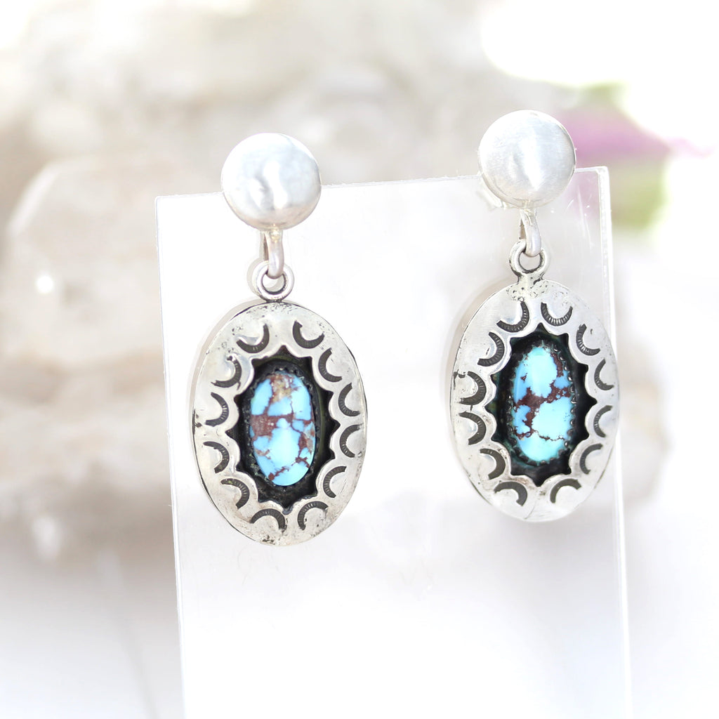 Kazakhstan Turquoise Earrings Shadow Box Oval Patterned Sterling Silver