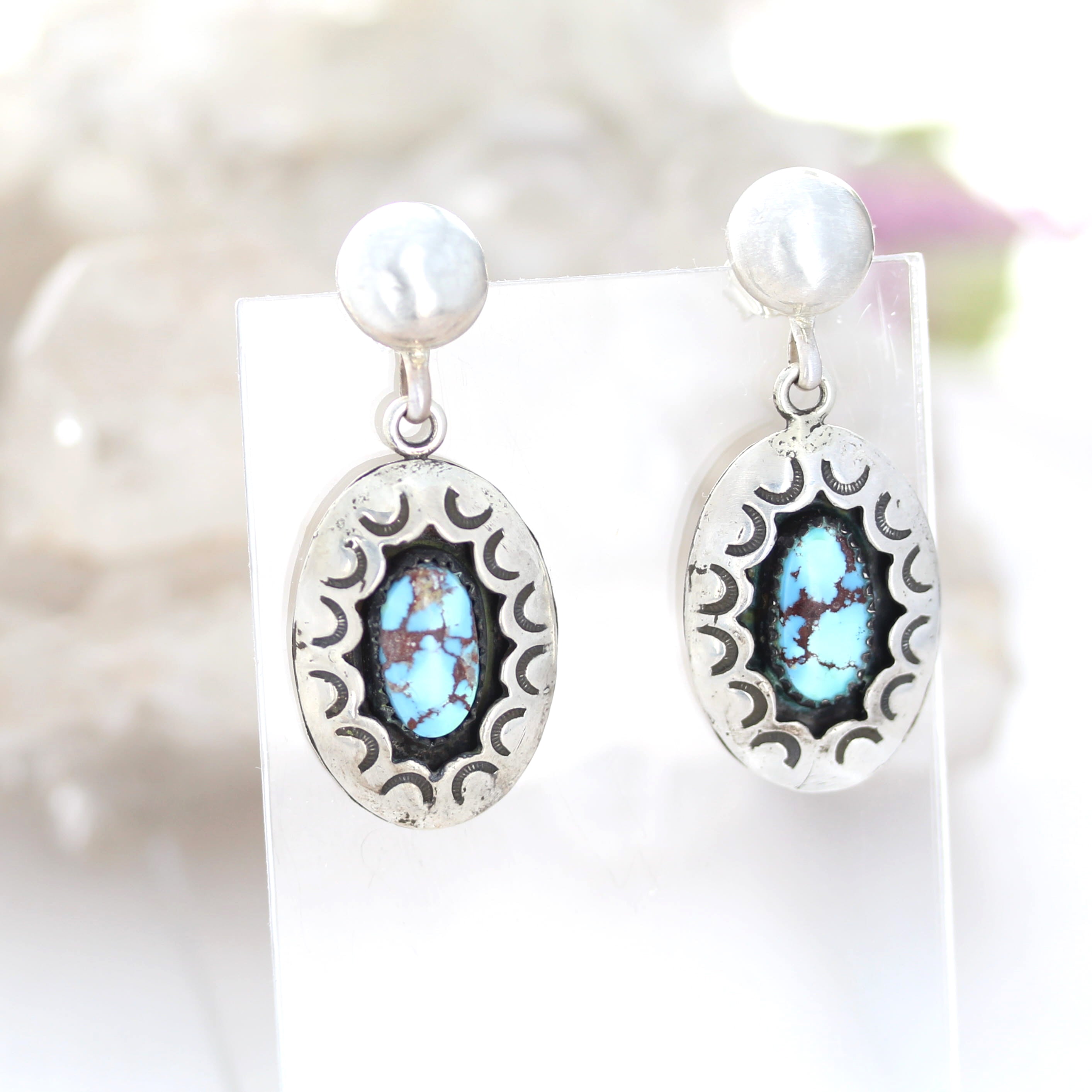 Kazakhstan Turquoise Earrings Shadow Box Oval Patterned Sterling Silver