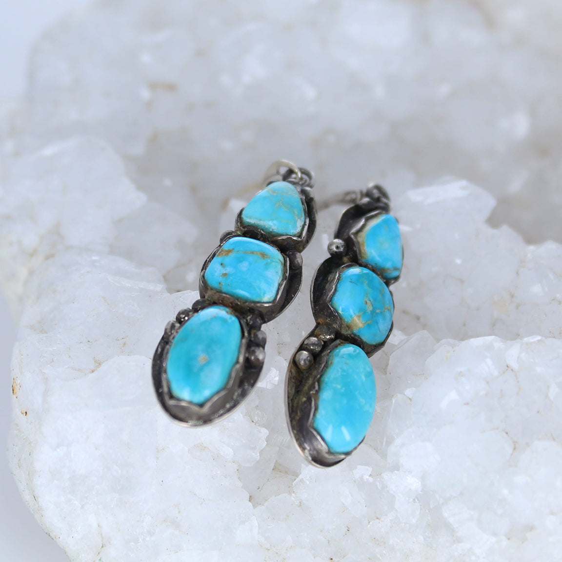 Sonoran Rose Turquoise 3 Stone Earrings Sterling Silver Unique Southwest