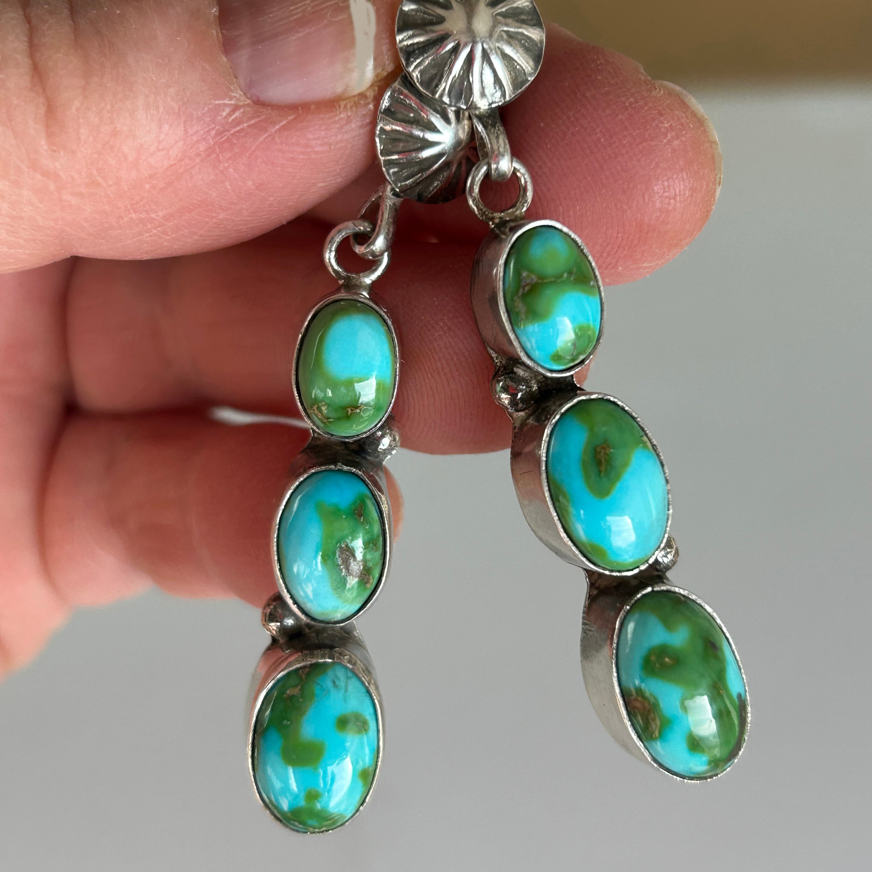 Sonoran Gold Turquoise Earrings 3 Stone with Sunburst Post Design