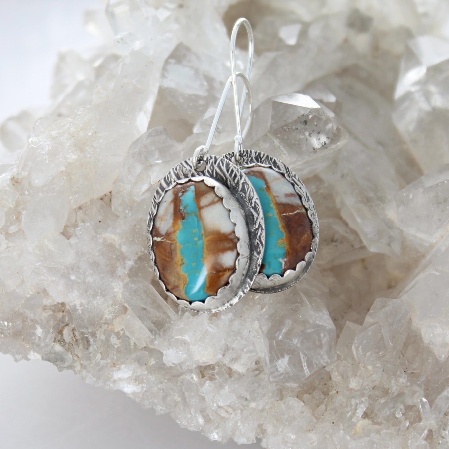 Royston Ribbon Turquoise Earrings Hand Stamped Sterling