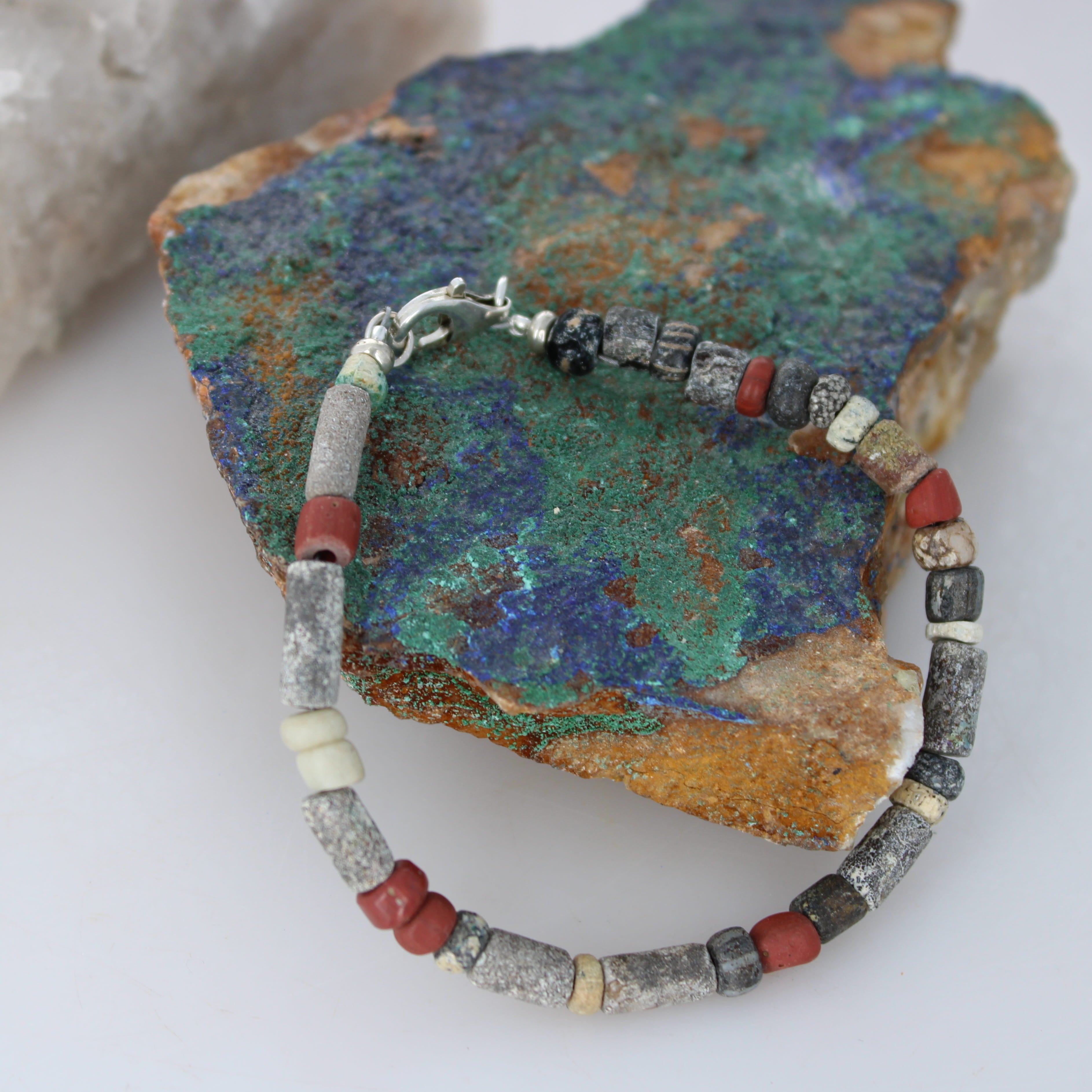 Antique Red Brown Roman Glass and Turquoise Bracelet Men or Woman