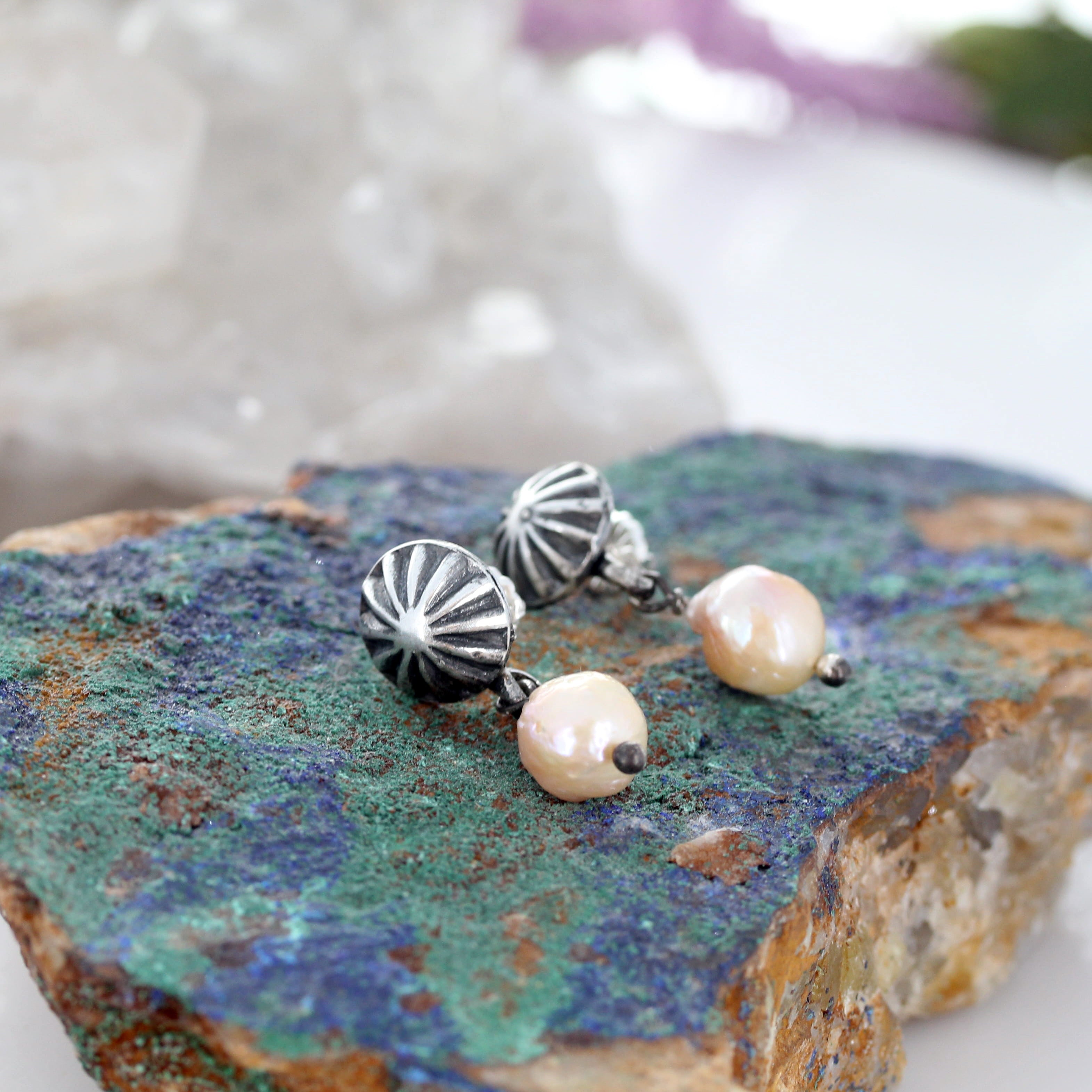 Baroque 11mm Pearl Earrings Sunburst Posts Southwestern Elegance Light