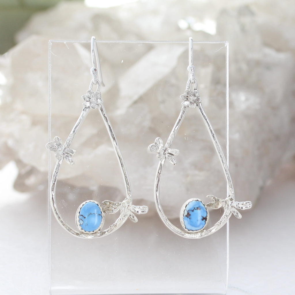 KAZAKHSTAN TURQUOISE Earrings Sterling Silver Teardrop Hoops Dragonflys