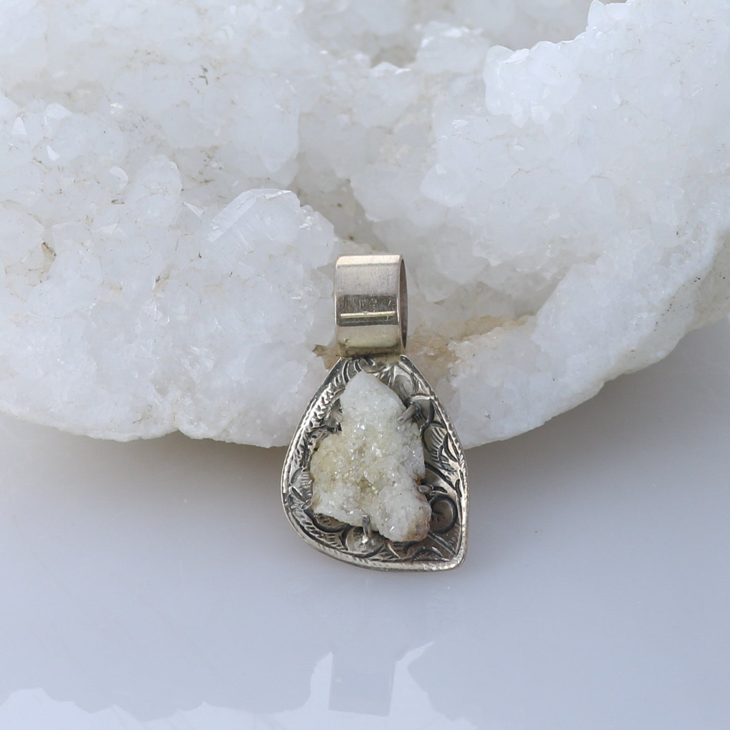 Drusy Crystal Pendant Sterling Silver Etched #2