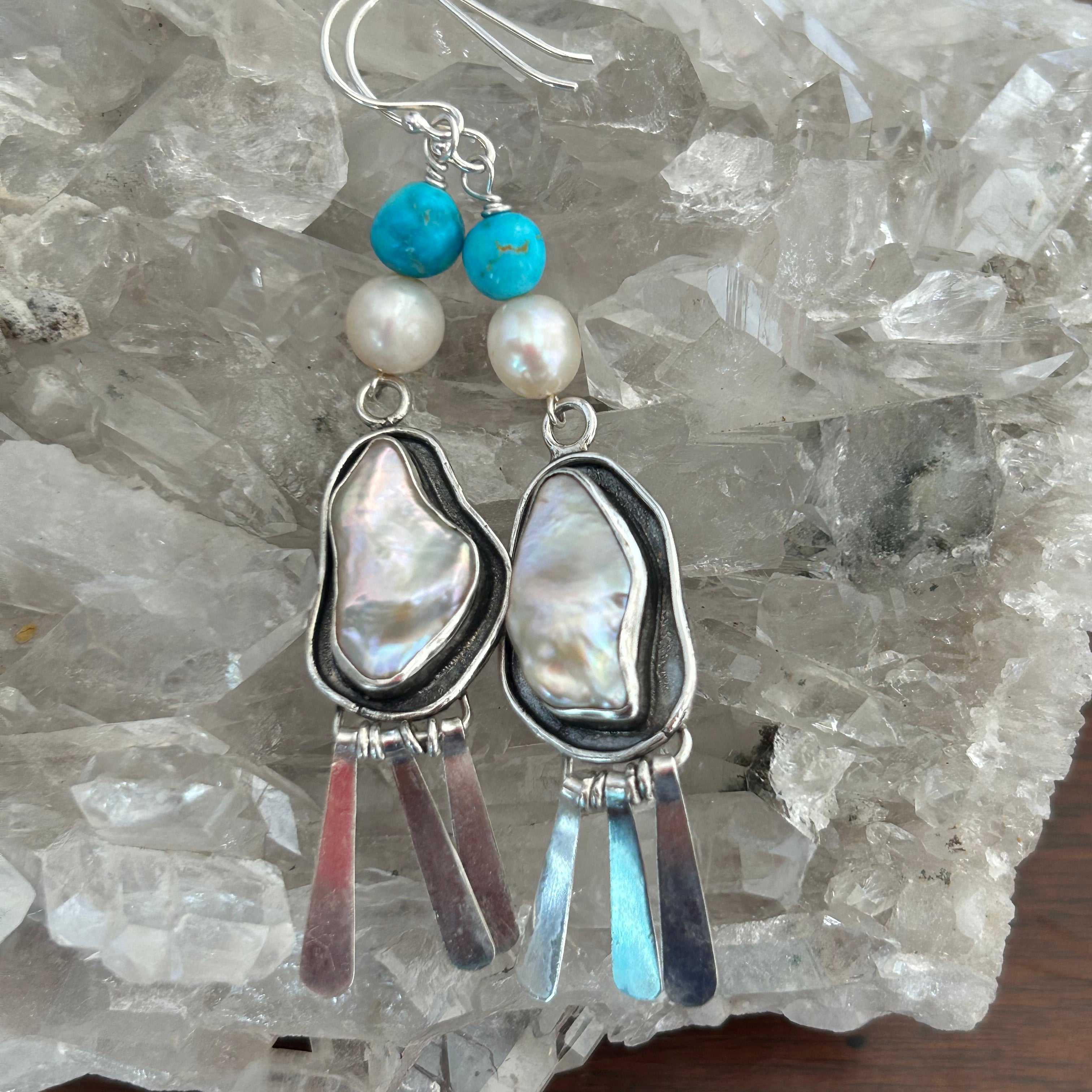 Pearl and Turquoise Teardrop Earrings Large Sterling Dangle Posts
