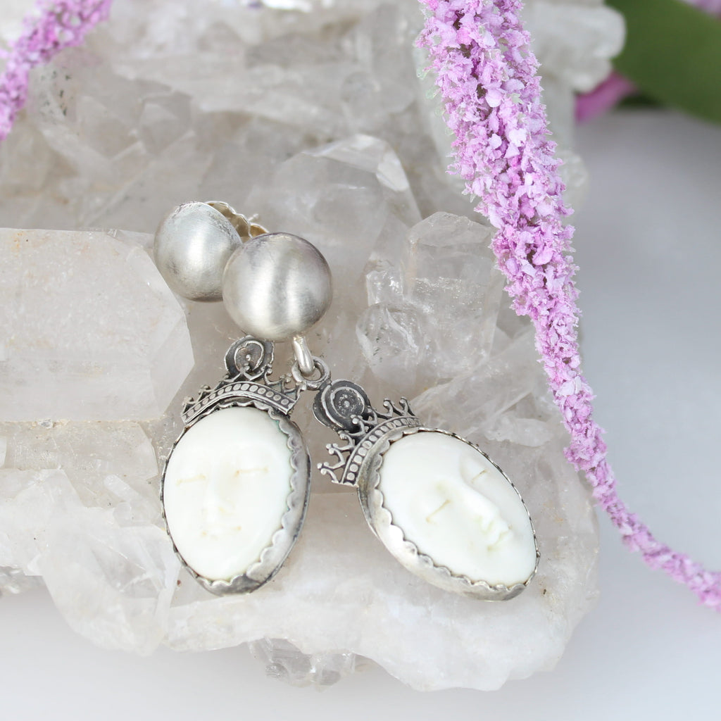 Unique Earrings Sterling Silver Carved Moon Goddess Faces