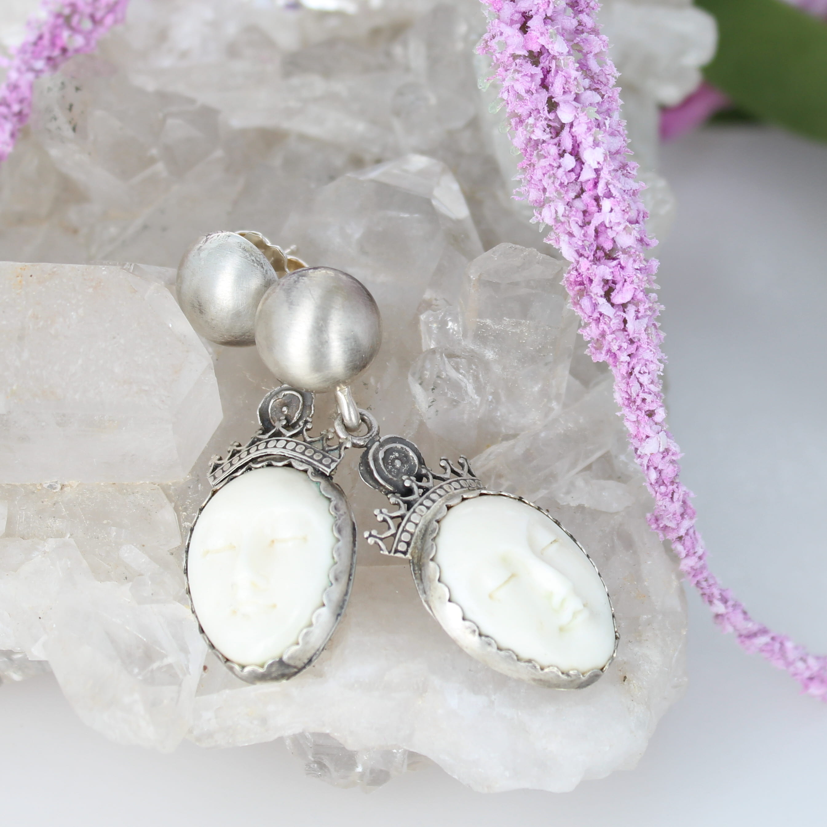 Unique Earrings Sterling Silver Carved Moon Goddess Faces