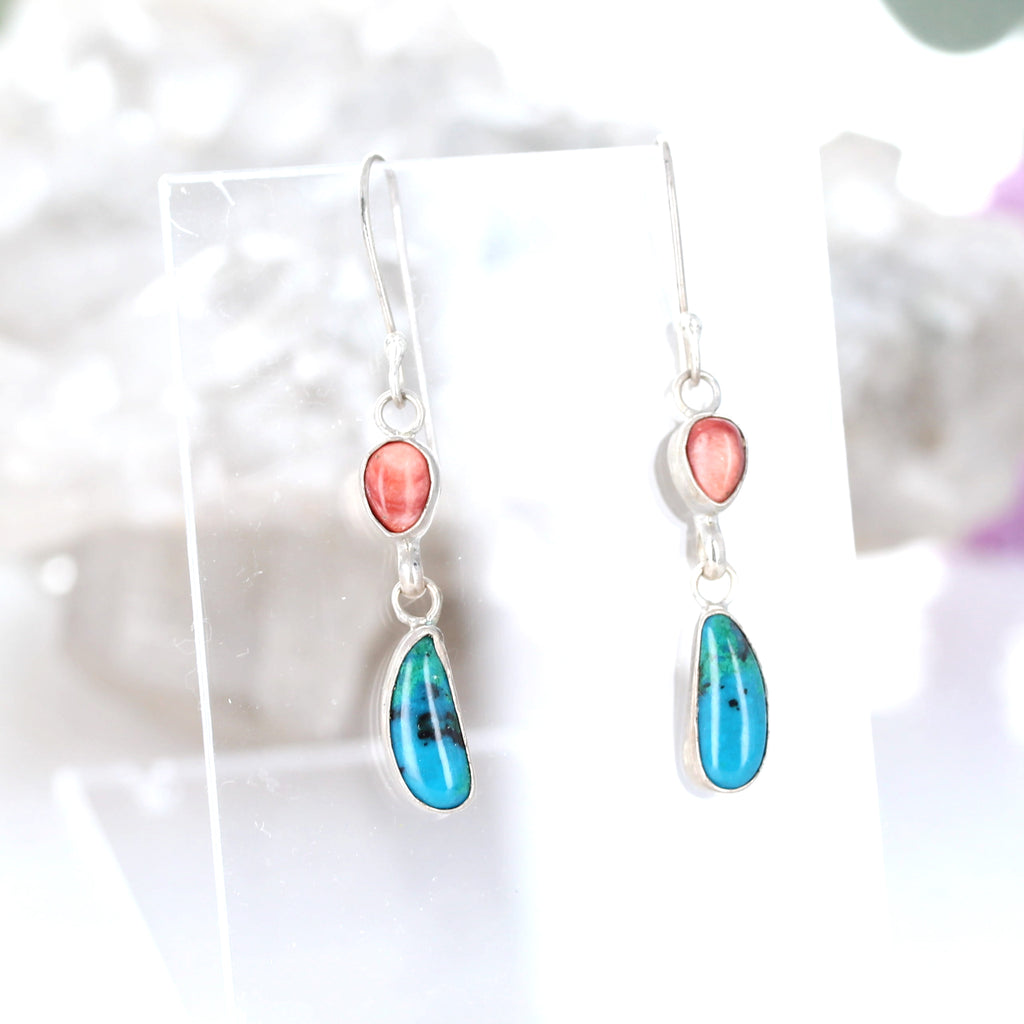 Peacock CHRYSOCOLLA EARRINGS with Spiny Oyster and Sterling Silver