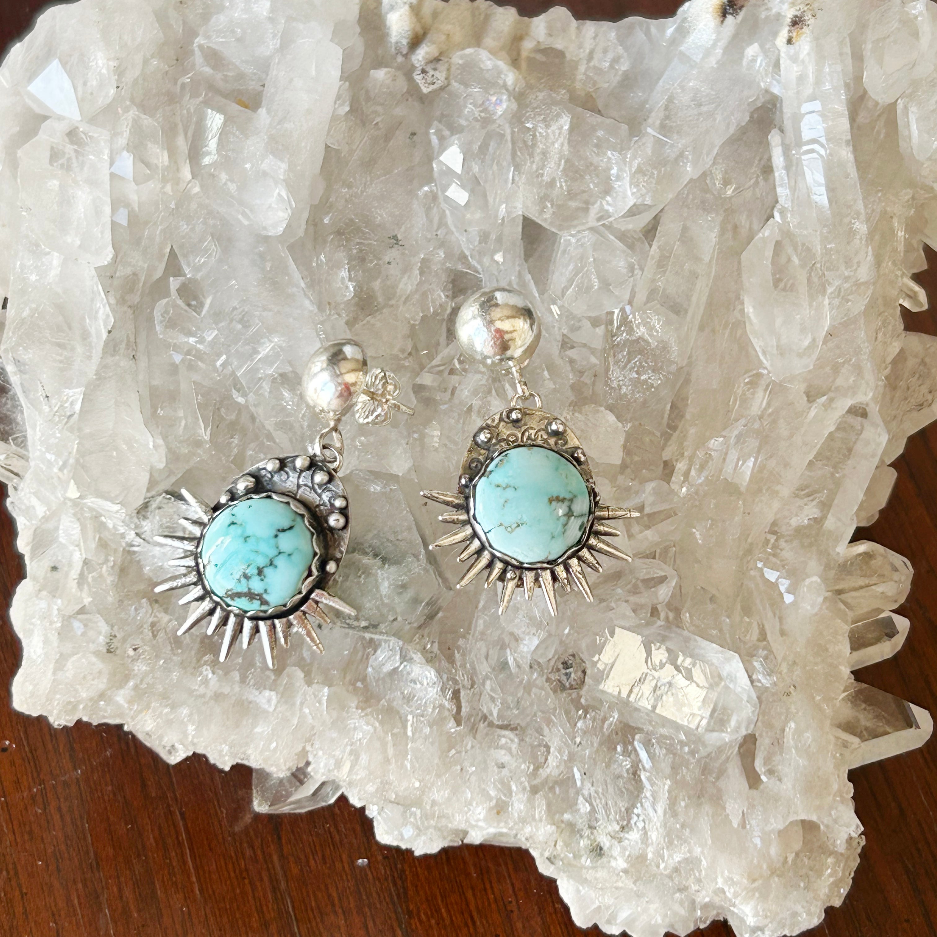 RARE DRY CREEK Turquoise Sunburst Earrings Sterling Silver Handmade