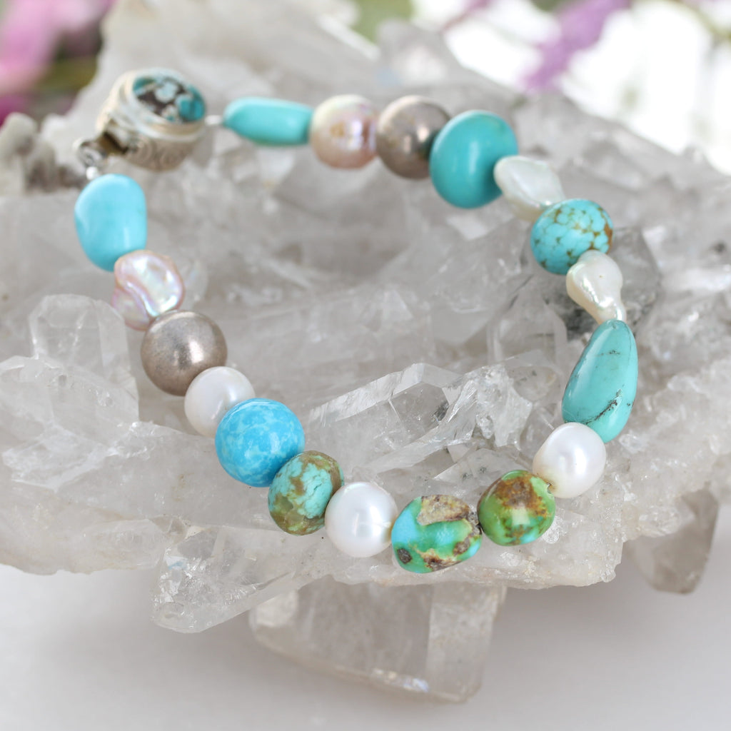 Blue Green Mixed Turquoise and Pearl Bracelet Sterling Silver