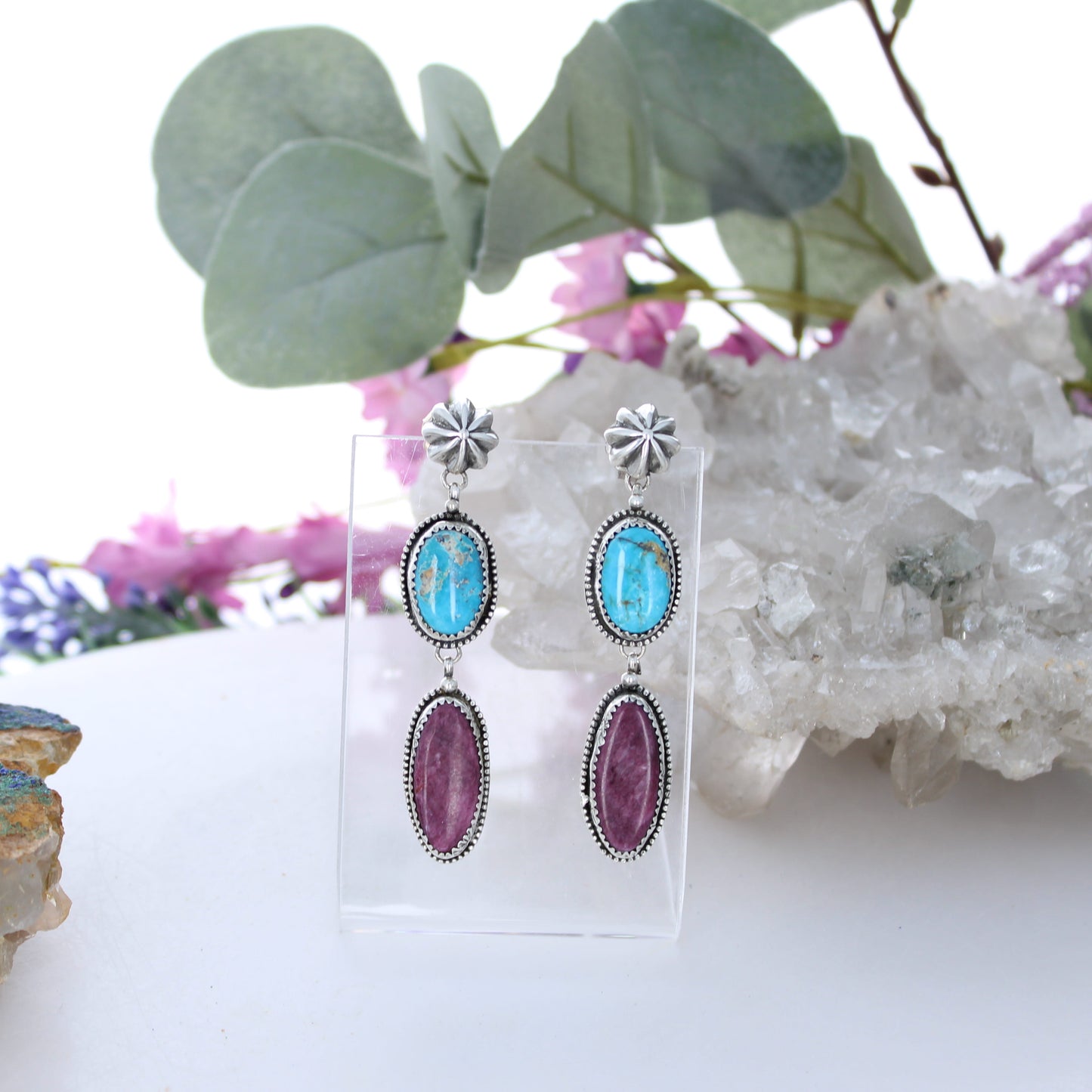 Dramatic Kingman Turquoise Purple Spiny Oyster Earrings Sunburst