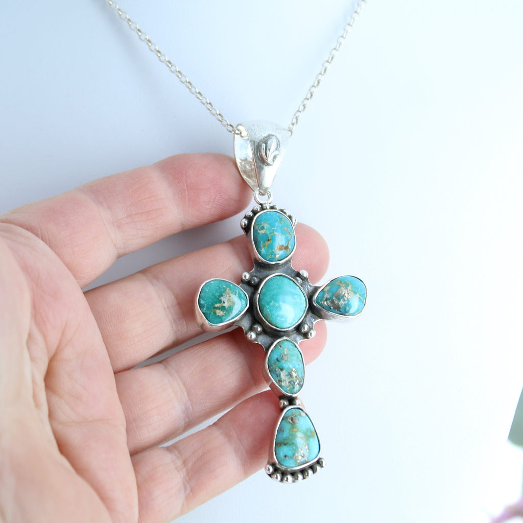 Vintage Sierra Nevada Turquoise Cross Pendant Sterling Silver Santa Fe Style