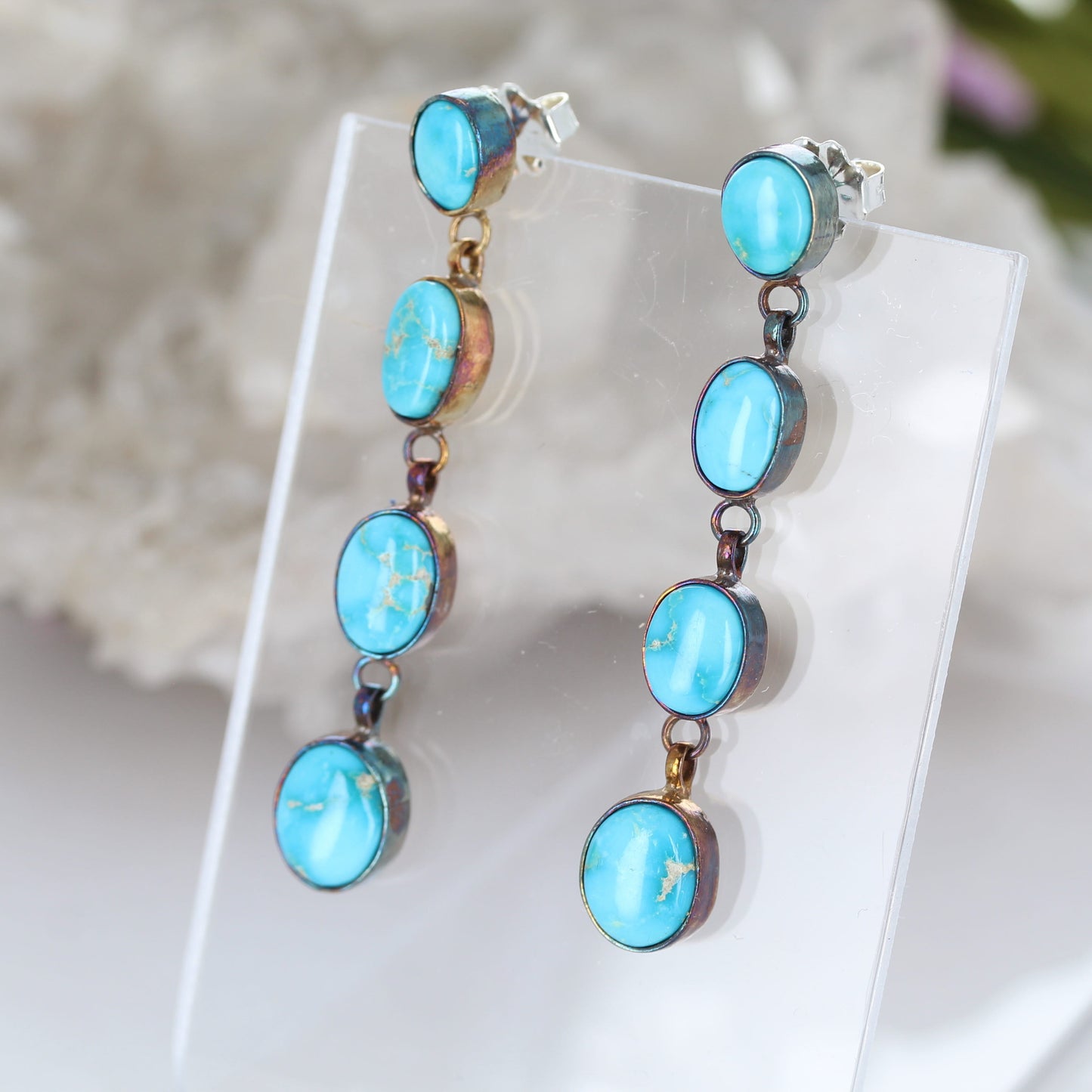 Blue Sonoran Turquoise Earrings Sterling Rainbow Oxidized 4 Stone Dangles