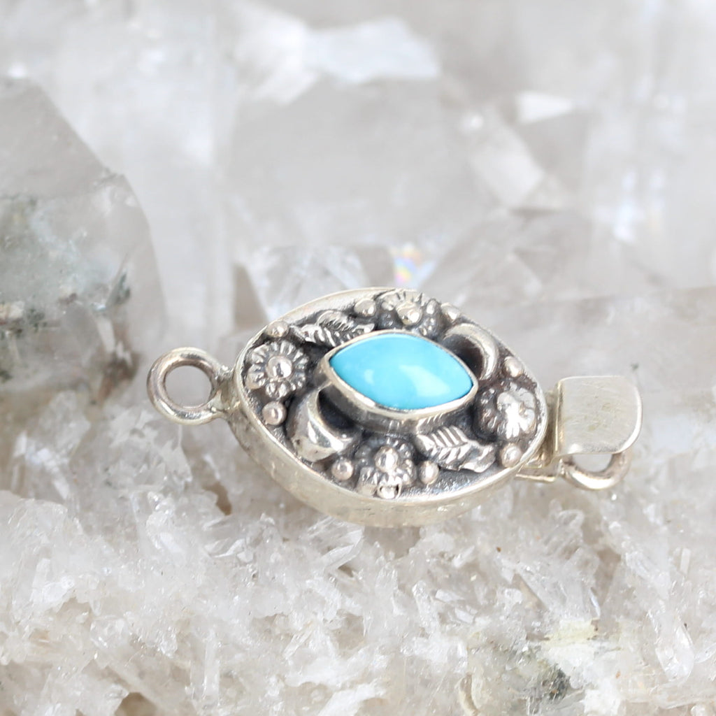 AAA Marquis Sleeping Beauty Turquoise Clasp Sterling Moon Flower Design