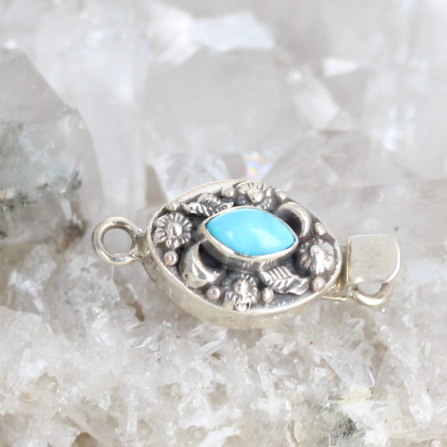 AAA Marquis Sleeping Beauty Turquoise Clasp Sterling Moon Flower Design