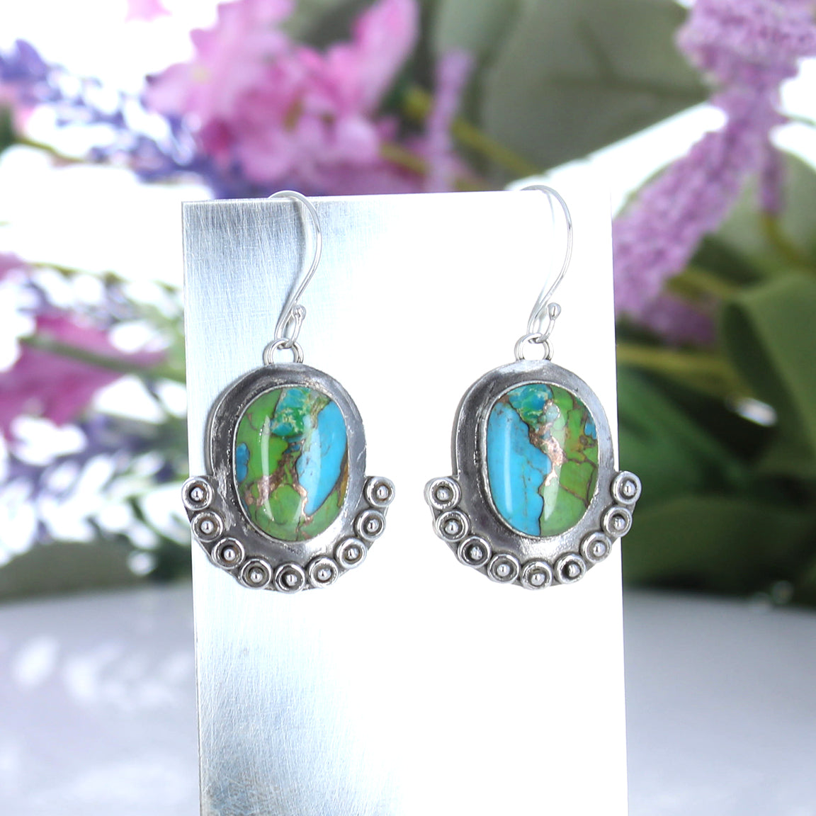 Colorful Kingman Mine Turquoise Earrings Boho Chic Sterling #2