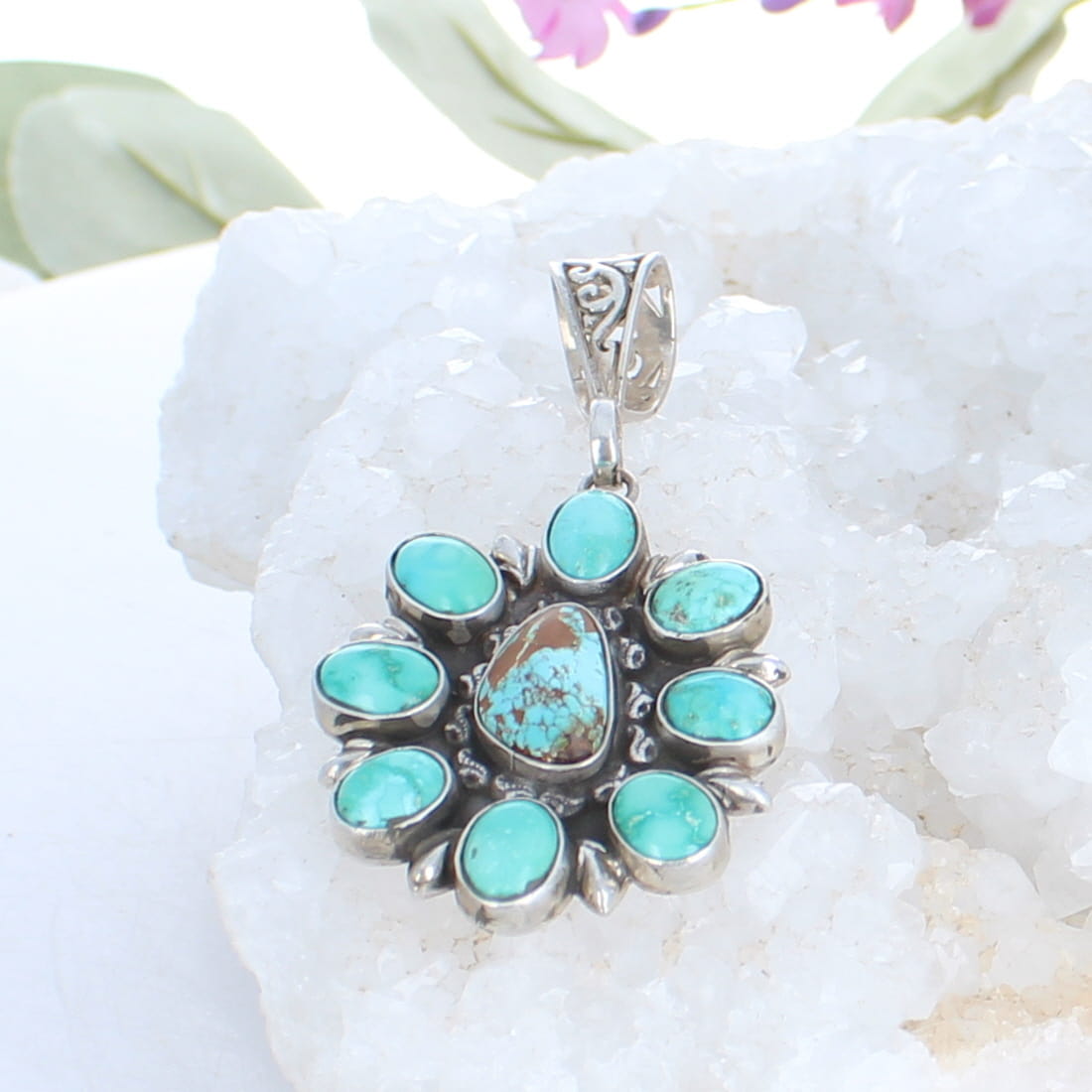 Emerald Valley Hachita New Mexico Turquoise Centerpiece Pendant Sterling Silver -NewWorldGems
