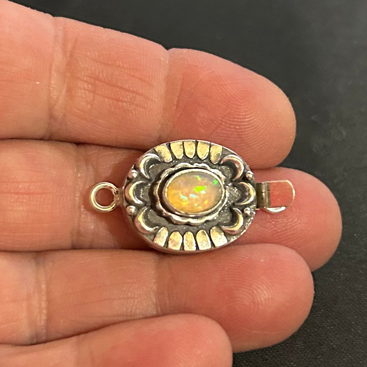 Sparkling Ethiopian Opal Oval Moon and Lotus Design Sterling Clasp