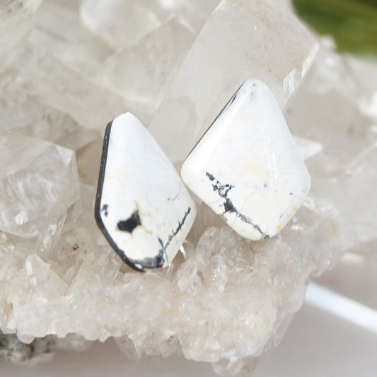 Dramatic Rare White Buffalo Turquoise Cabochon Pair Components
