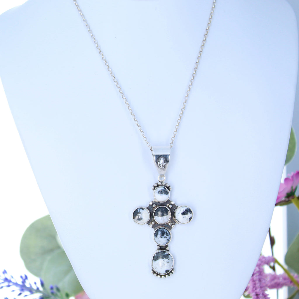 Sacred White Buffalo Turquoise Cross Pendant Sterling Silver Santa Fe