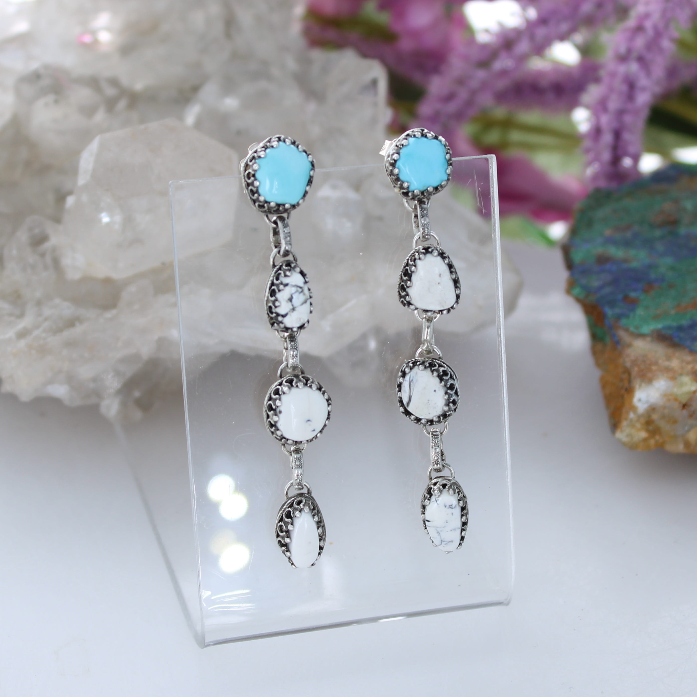 AAA Nevada LONE MOUNTAIN White Buffalo TURQUOISE Earrings 4 Stone Sterling