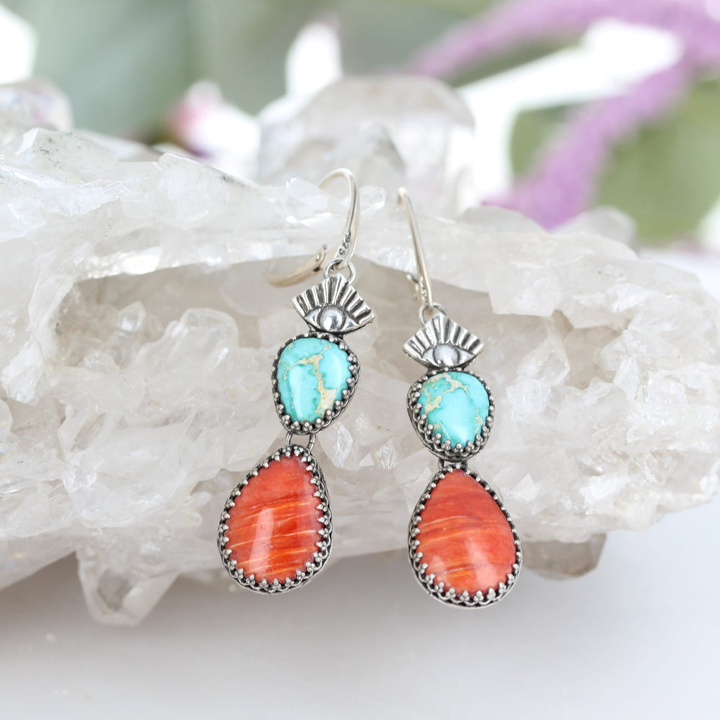Dramatic Sonoran Turquoise Spiny Oyster Earrings Southwest