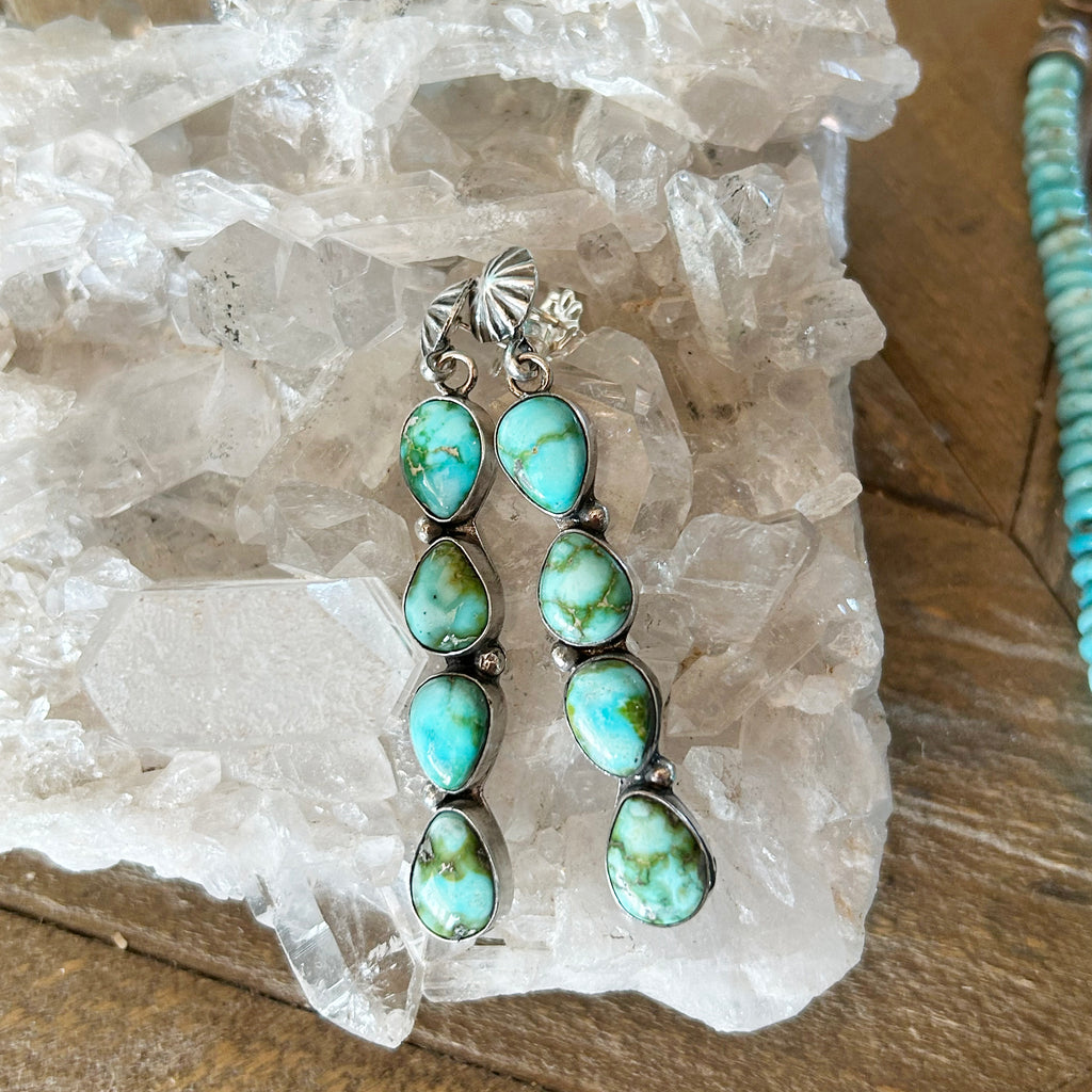 AAA SONORAN Sky Blue Green TURQUOISE Earrings 4 Stone Sweeping 2.75"